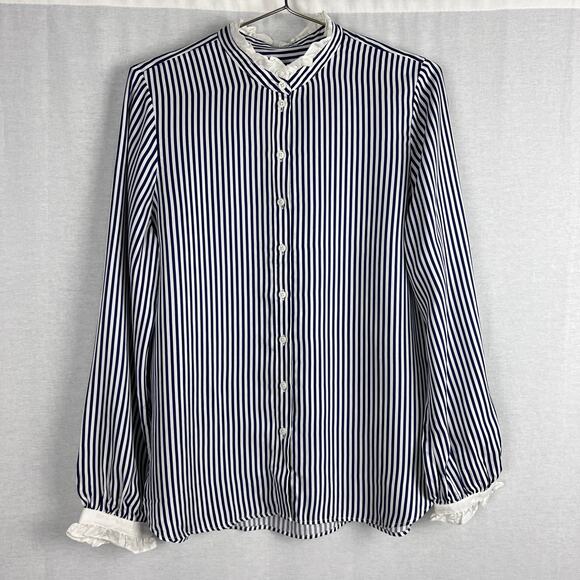 J. Crew Top Drapey Ruffle Trim Shirt Striped Old Money Nautical Victorian Preppy - Picture 1 of 6